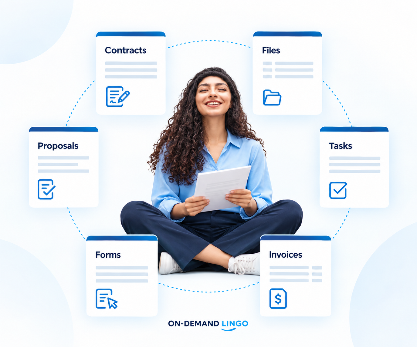 Document service design with a seated professional with OnDemandLingo branding for translation services