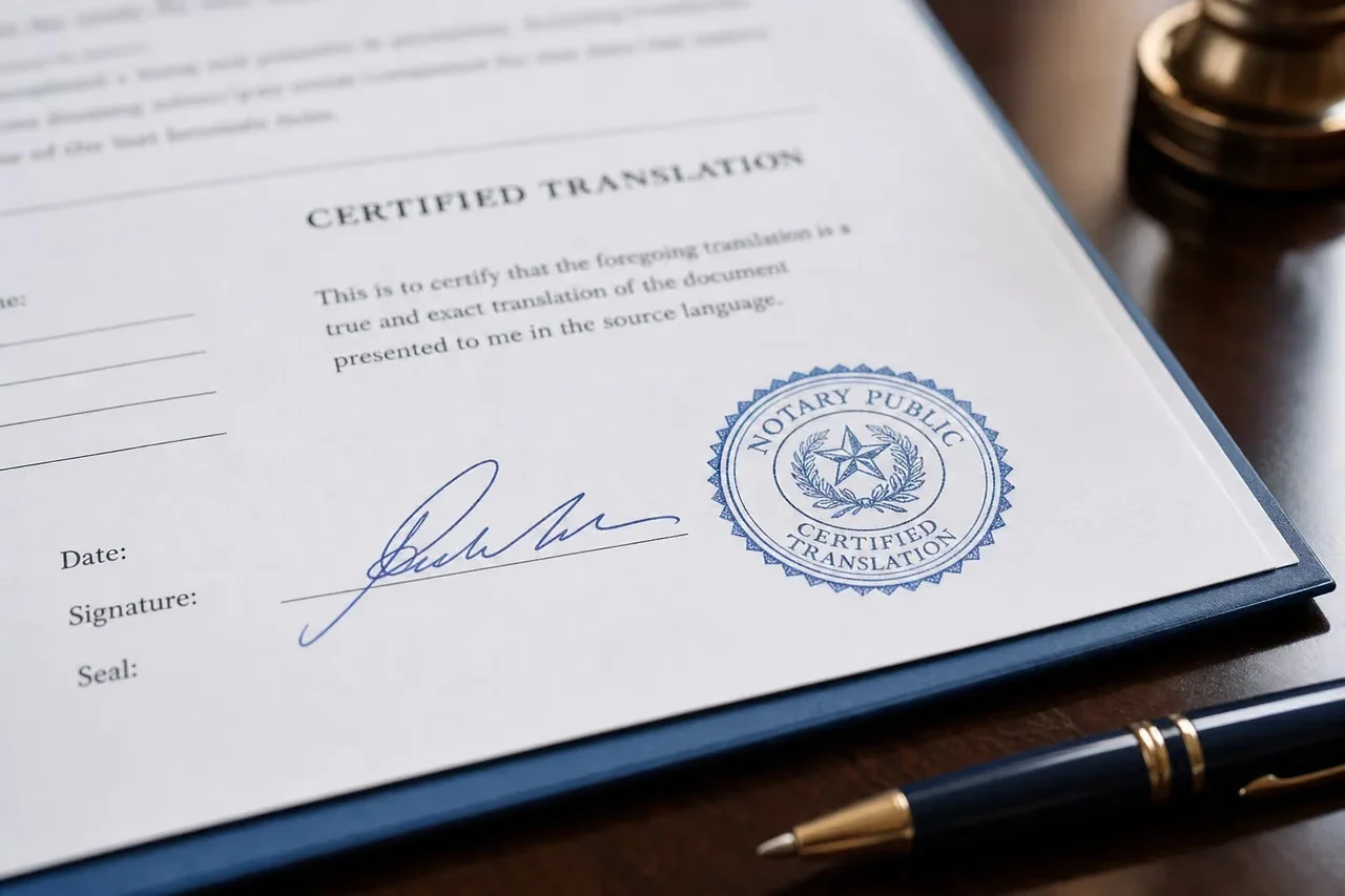 Signed and stamped record accompanying certified translation services