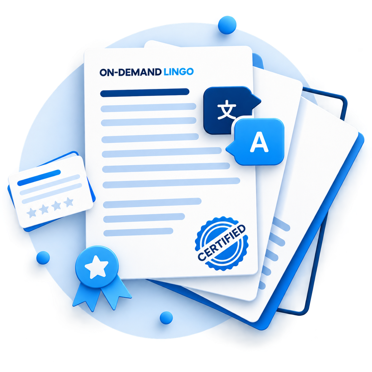 Certified document translation illustration with OnDemandLingo branding for translation services