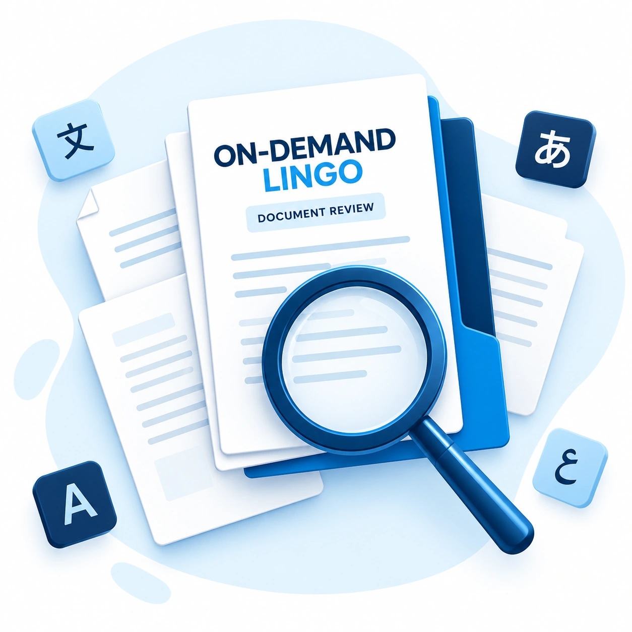 Document review and language support illustration with OnDemandLingo branding for translation services Document review and language support illustration with OnDemandLingo branding for translation services