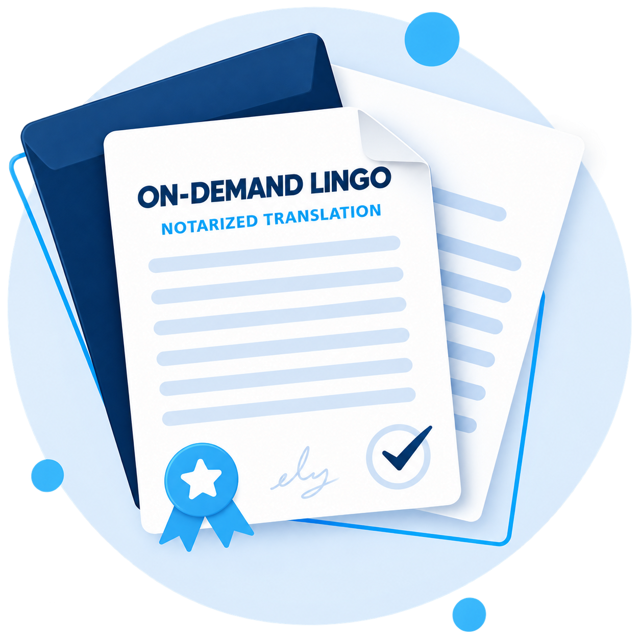 Certified and notarized document illustration with OnDemandLingo branding for translation services