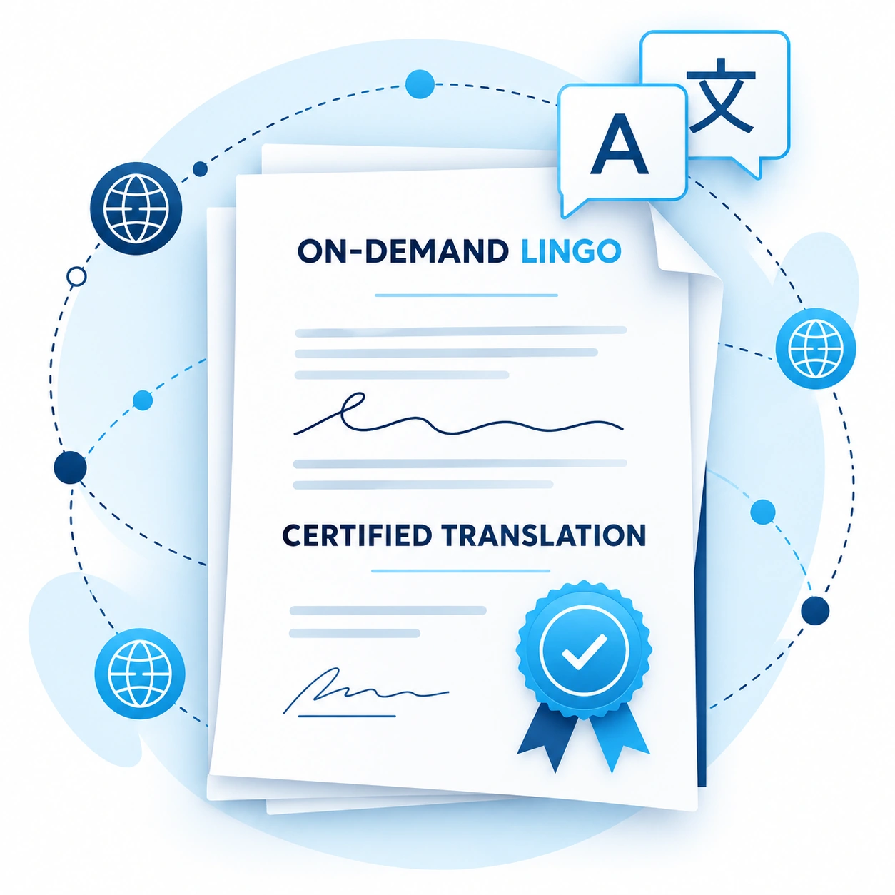 Official document translation illustration with OnDemandLingo branding for translation services