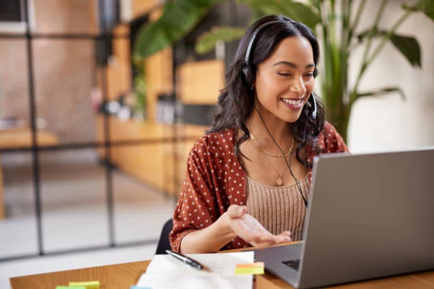 Headset professional reviewing records accompanying on-demand translation services