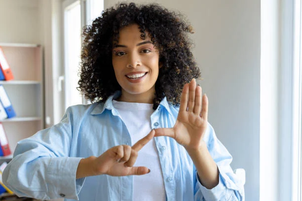 Person signing on camera accompanying language and translation services