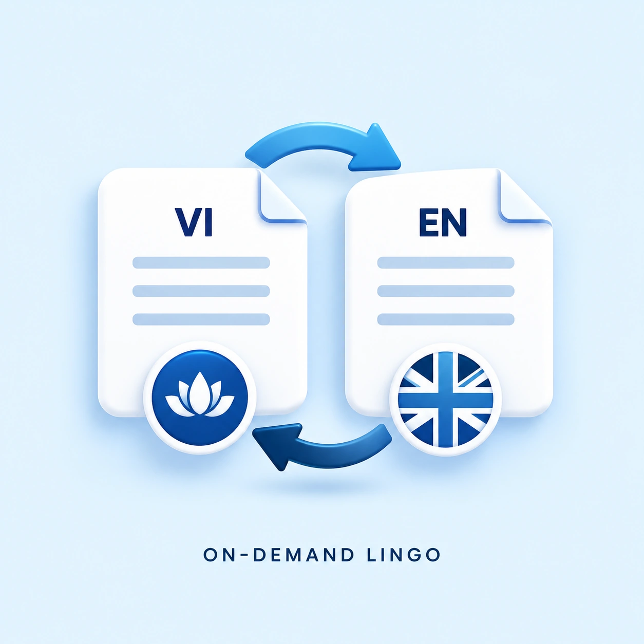 Vietnamese and English document translation illustration with OnDemandLingo branding for translation services Vietnamese and English document translation illustration with OnDemandLingo branding for translation services